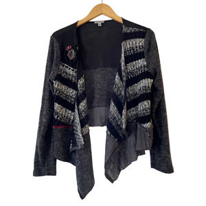 Linea Domani Cardigan Large Black Gray Mixed Lagenlook Asymmetric Draped Open